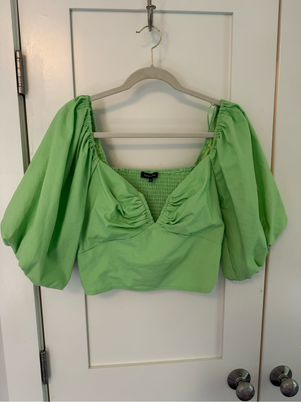 Puff-Sleeve Lime Green Crop Top with Smocked Back